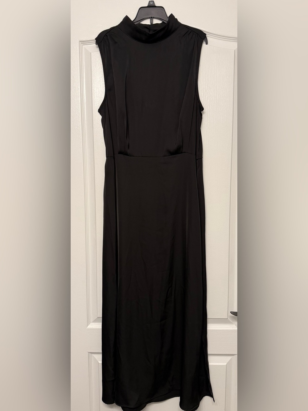 Pretty Garden Black Satin Maxi Dress Large High Neck Side Slits